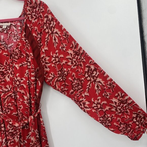 Knox Rose Size XL Red Floral Peasant Prairie Boho Maxi Dress V-Neck Belted - Picture 9 of 13